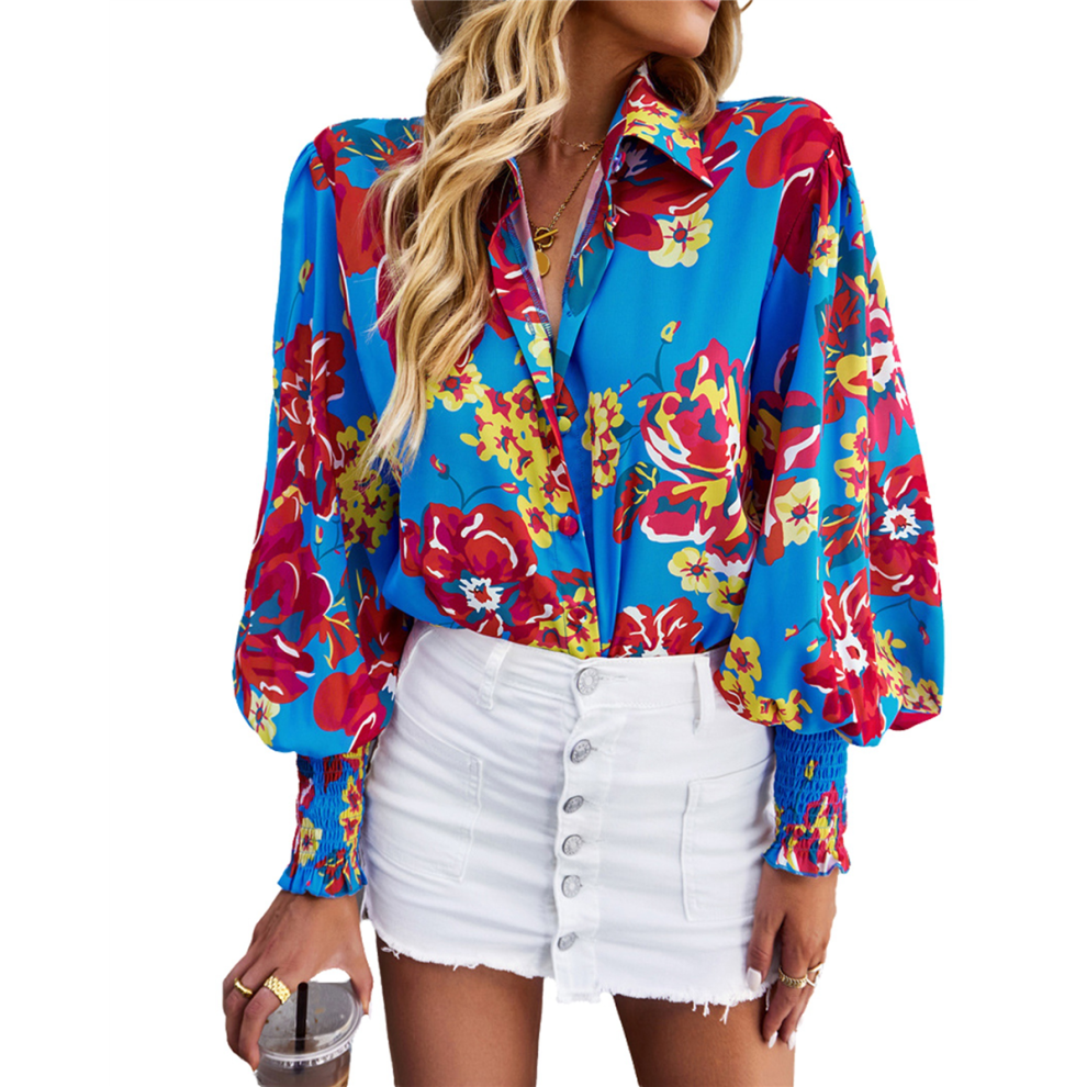 Chemisier à imprimé floral pour femme, manches longues, boutons, décontracté, habillé, bleu, taille S
