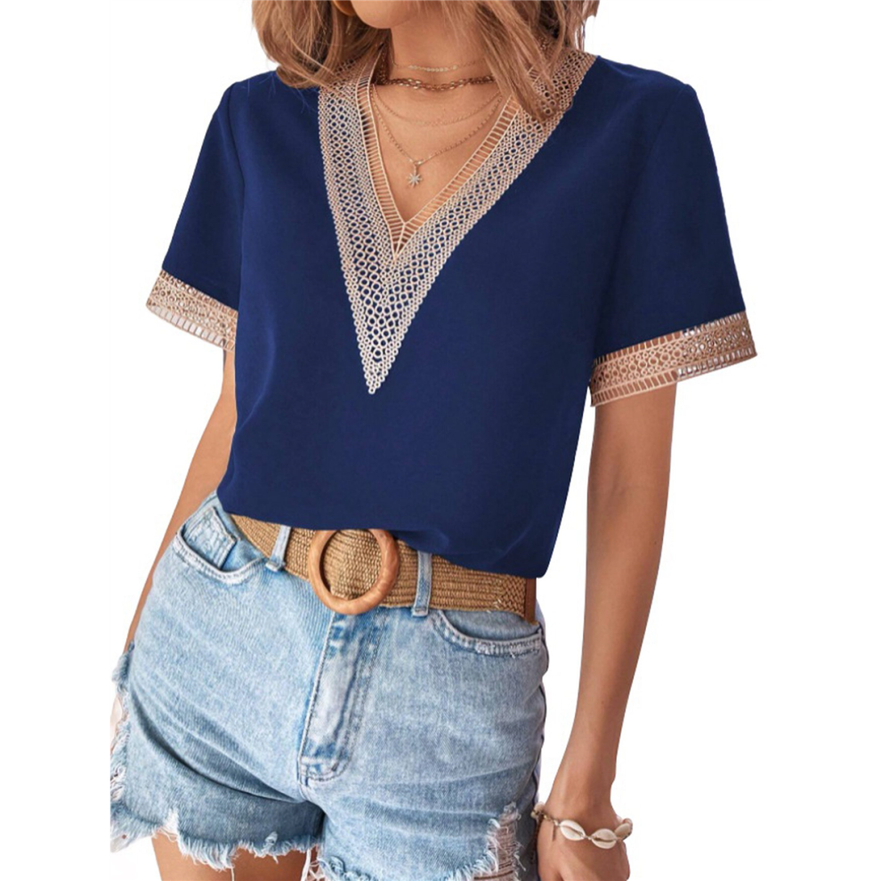 Top Estivi A Maniche Corte Da Donna, Camicette Con Scollo A V E Bordi In Pizzo, Eleganti E Casual, Taglia M-image