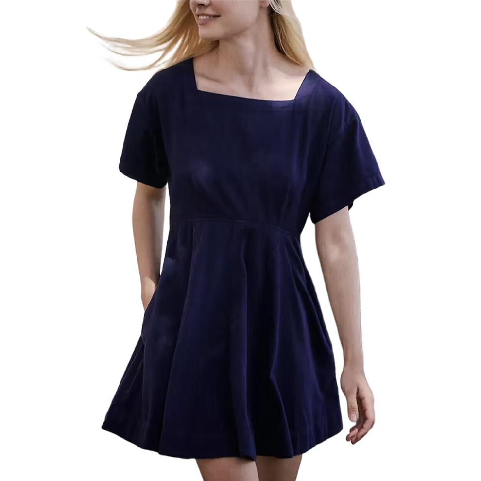 Robe à manches bouffantes, col carré, nouée dans le dos, avec fermeture éclair, bleu marine, taille S