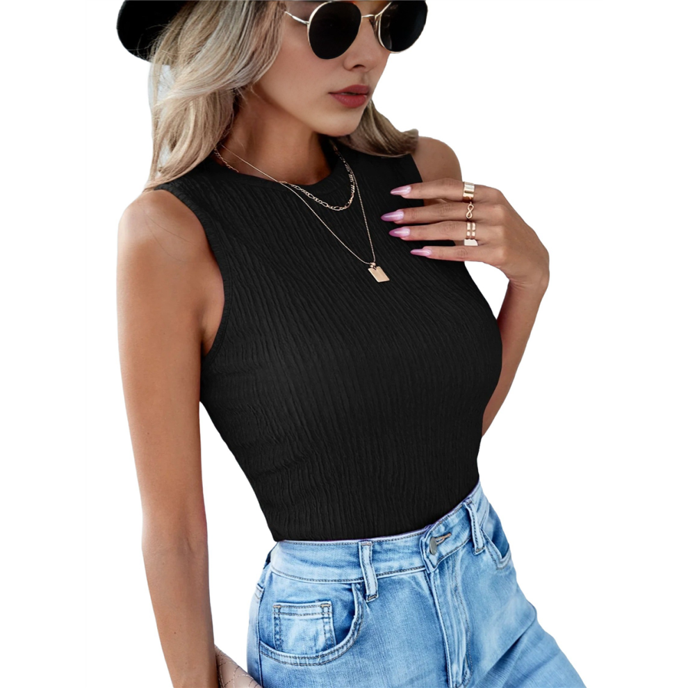 Débardeur d'été décontracté pour femme, tricot côtelé, coupe ajustée, basique, texturé, sans manches, noir, taille L