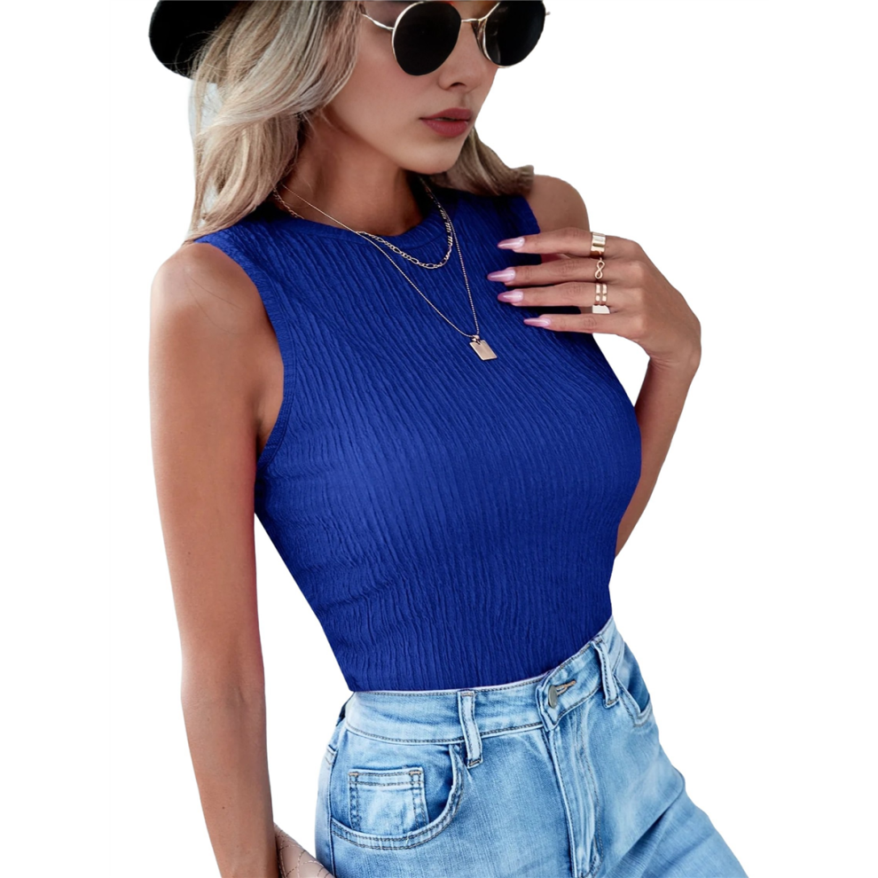 Débardeur d'été décontracté pour femme, tricot côtelé, slim ajusté, basique, texturé, sans manches, bleu, taille S
