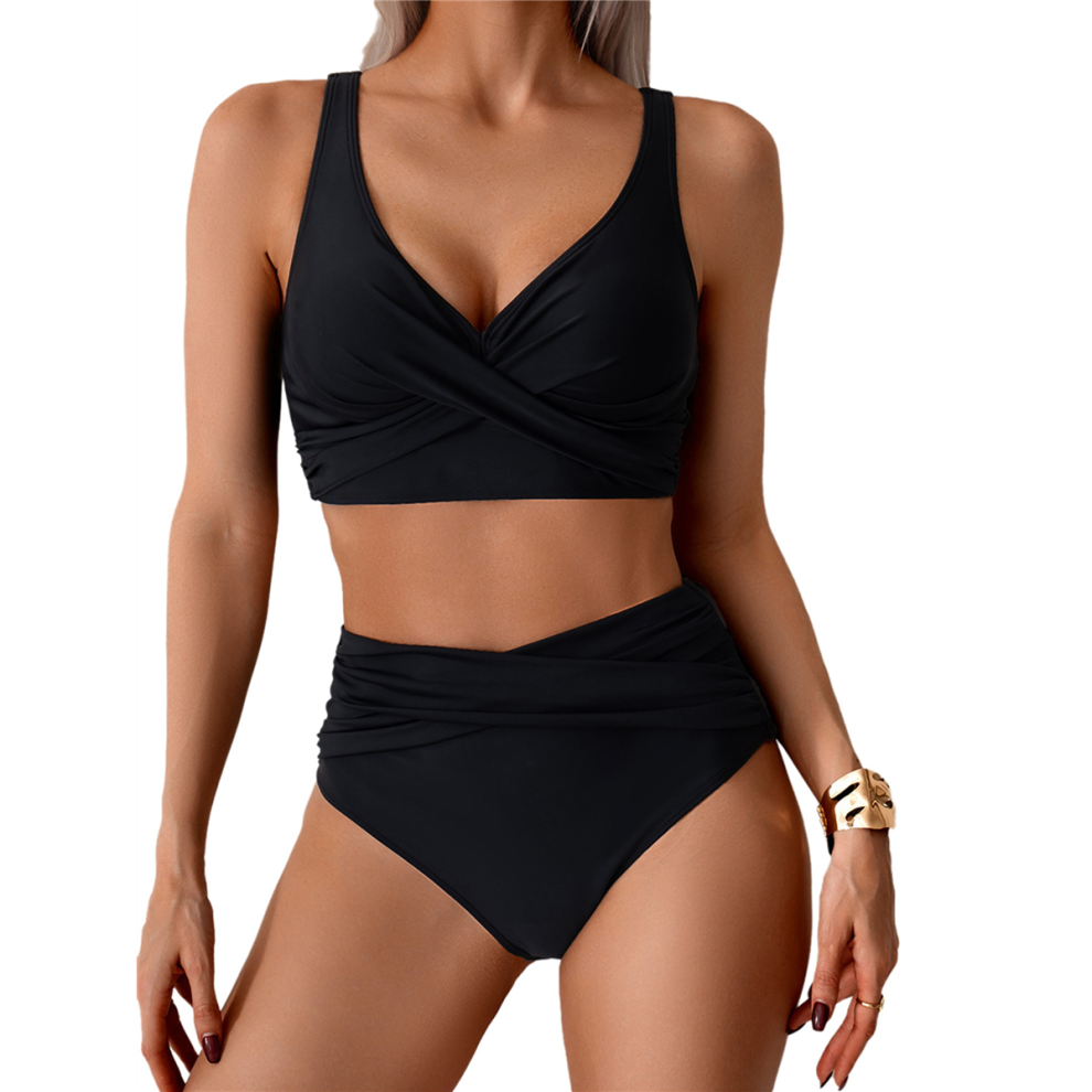 Maillot de bain deux pièces pour femme, taille haute, col en V, torsadé sur le devant, bretelles spaghetti réglables, noir, taille L