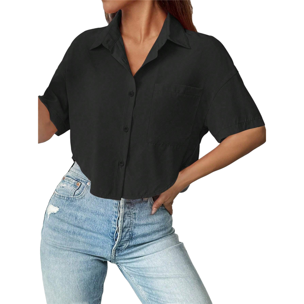Chemise boutonnée décontractée à manches courtes pour femme, haut d'été en coton doux et tendance avec poches, noir, taille L