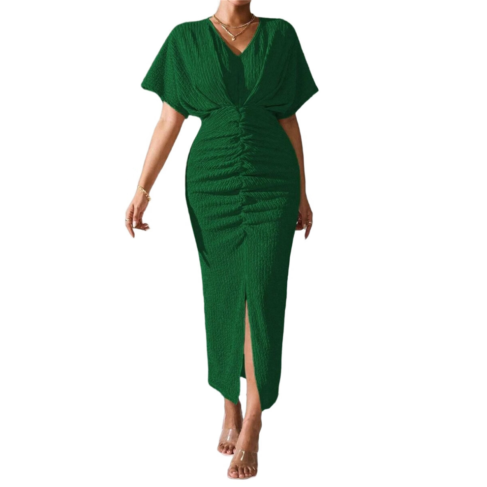 Robe de cocktail portefeuille métallisée pour femme, couleur unie, col en V, plissée, fente haute, manches courtes, mi-longue, vert, taille S