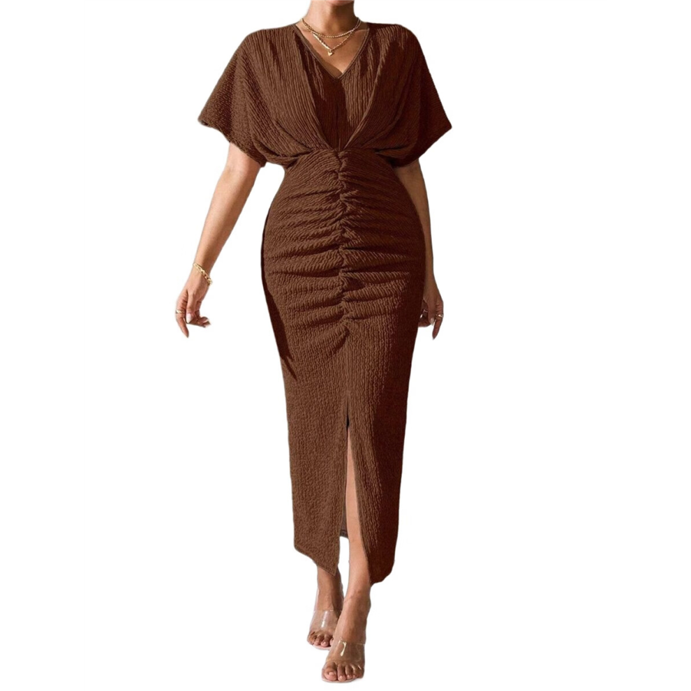Robe de cocktail portefeuille métallisée pour femme, couleur unie, col en V, plissée, fente haute, manches courtes, mi-longue, café, XL