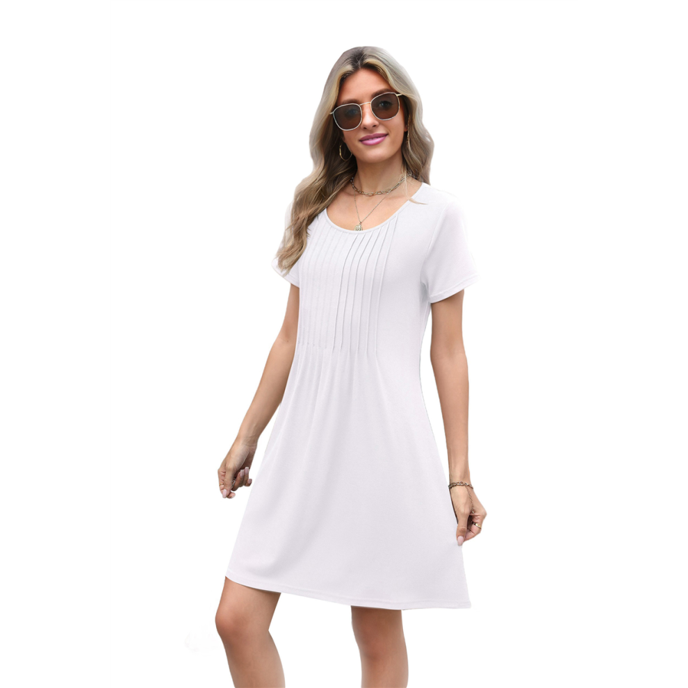 Vestito Estivo Da Donna Con Pieghe Sul Davanti, Casual, A Maniche Corte, Con Tasche, Copricostume Da Spiaggia, Bianco, Taglia M-image