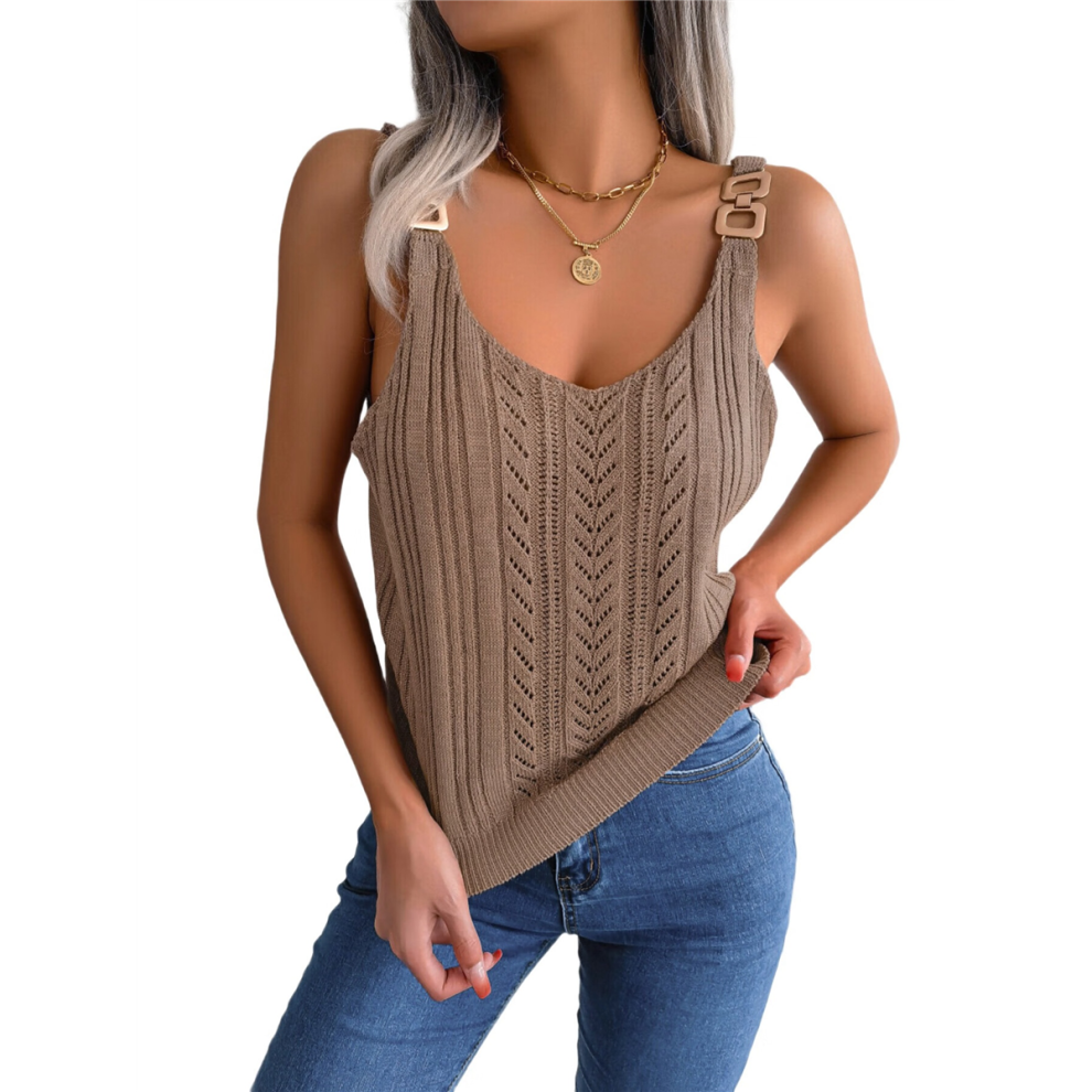 Gilet d'été décontracté sans manches pour femme avec bretelles ajourées et pull en tricot couleur café S