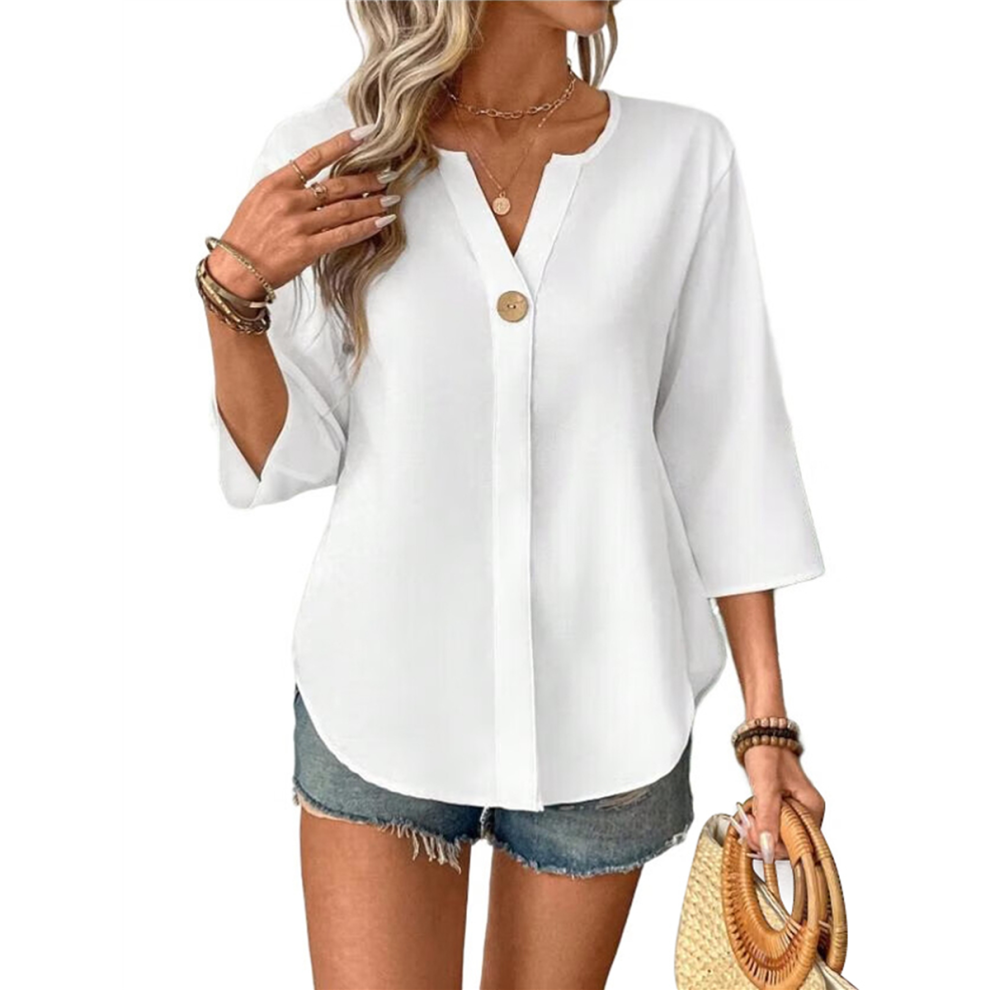 Chemise en lin décontractée à boutons et col en V pour femme, manches longues, respirante, couleur unie, blanche, taille XXL