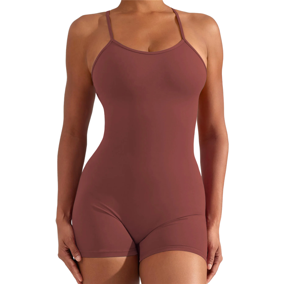 Combinaison dos nu gainante pour femme, combinaison de yoga une pièce sans manches avec dos en V, marron, taille XL
