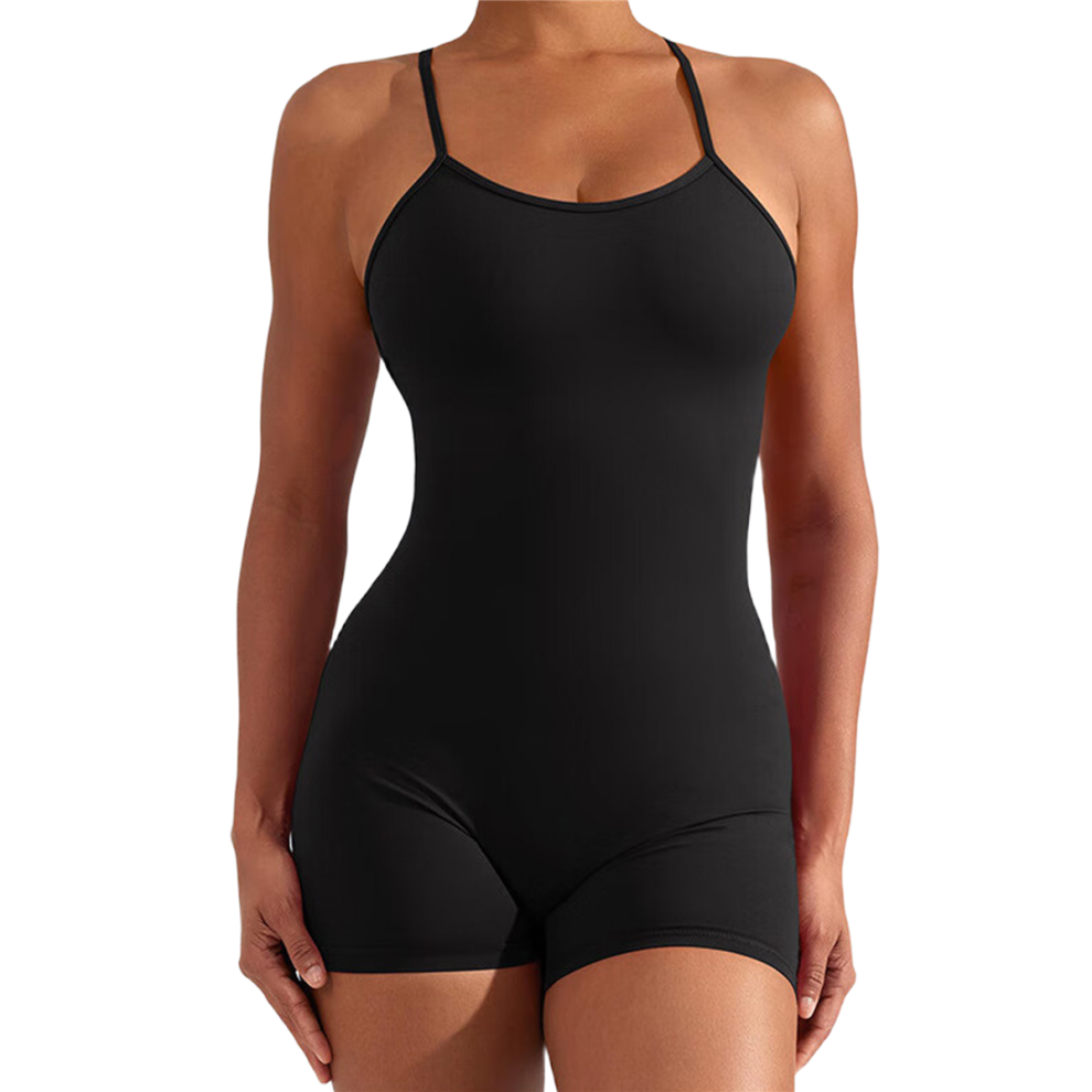 Combinaison dos nu gainante pour femme, combinaison de yoga une pièce sans manches avec dos en V, noire, taille L