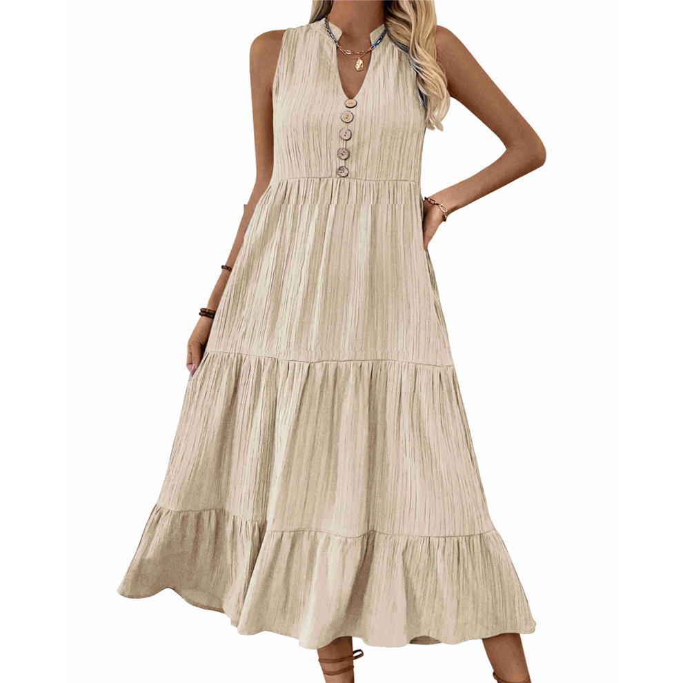 Robe chemise sans manches à col en V pour femme, tenue décontractée mi-longue, été 2025, taille S