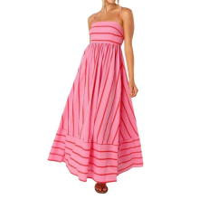 Dames gestreepte maxi-jurk met smokwerk, spaghettibandjes, uitgesneden, zwierig, lang, watermeloenrood, XL