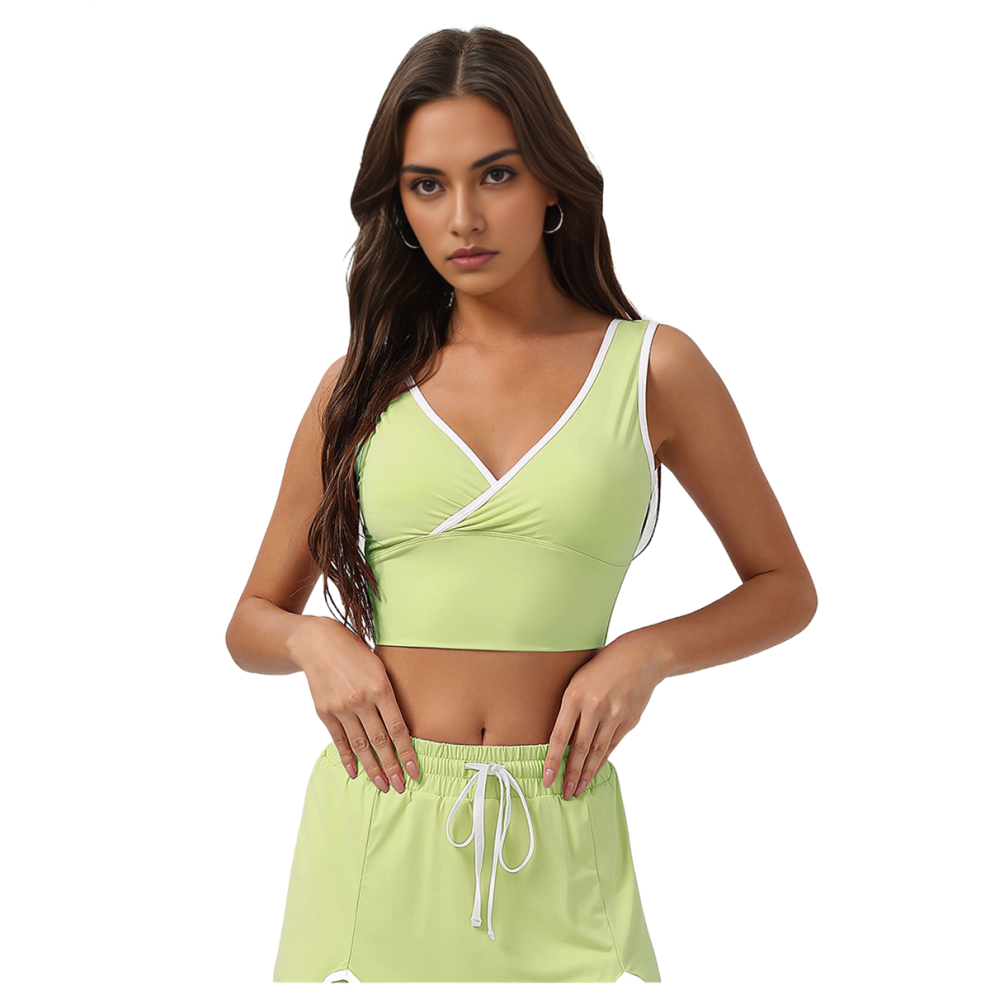 Haut court de sport pour femme, col en V, sans manches, soutien-gorge rembourré, entraînement, yoga, vert matcha, taille L