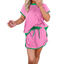 Conjunto de dos piezas para mujer, jersey informal de manga corta, pantalones cortos a juego, chándal, rosa, L