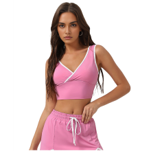 Sport crop top voor dames V-hals mouwloos gevoerde bh workout yoga roze poeder L