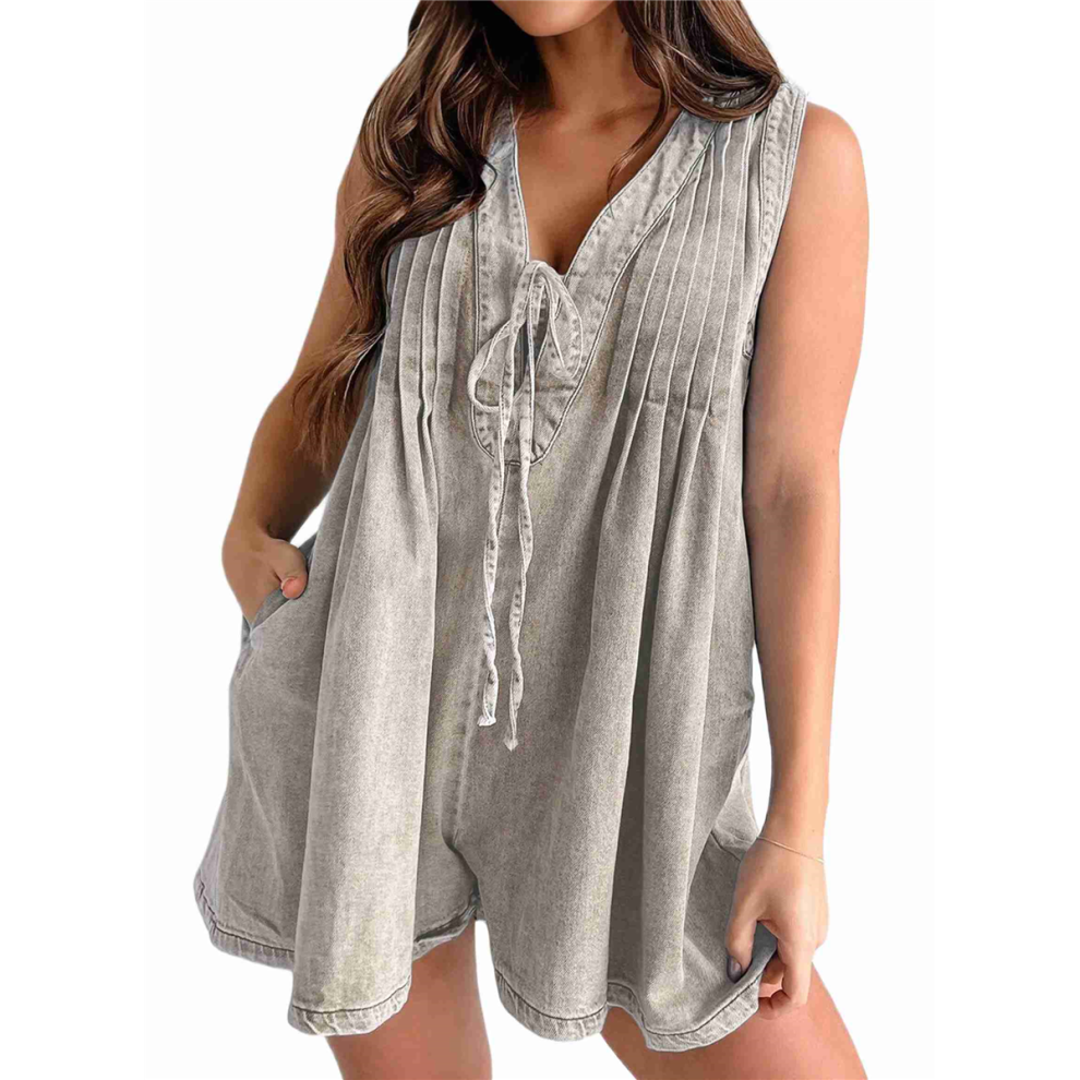 Short en jean sans manches à col en V pour femme, combinaison courte à volants et à nouer sur le devant avec poche, gris clair, taille L
