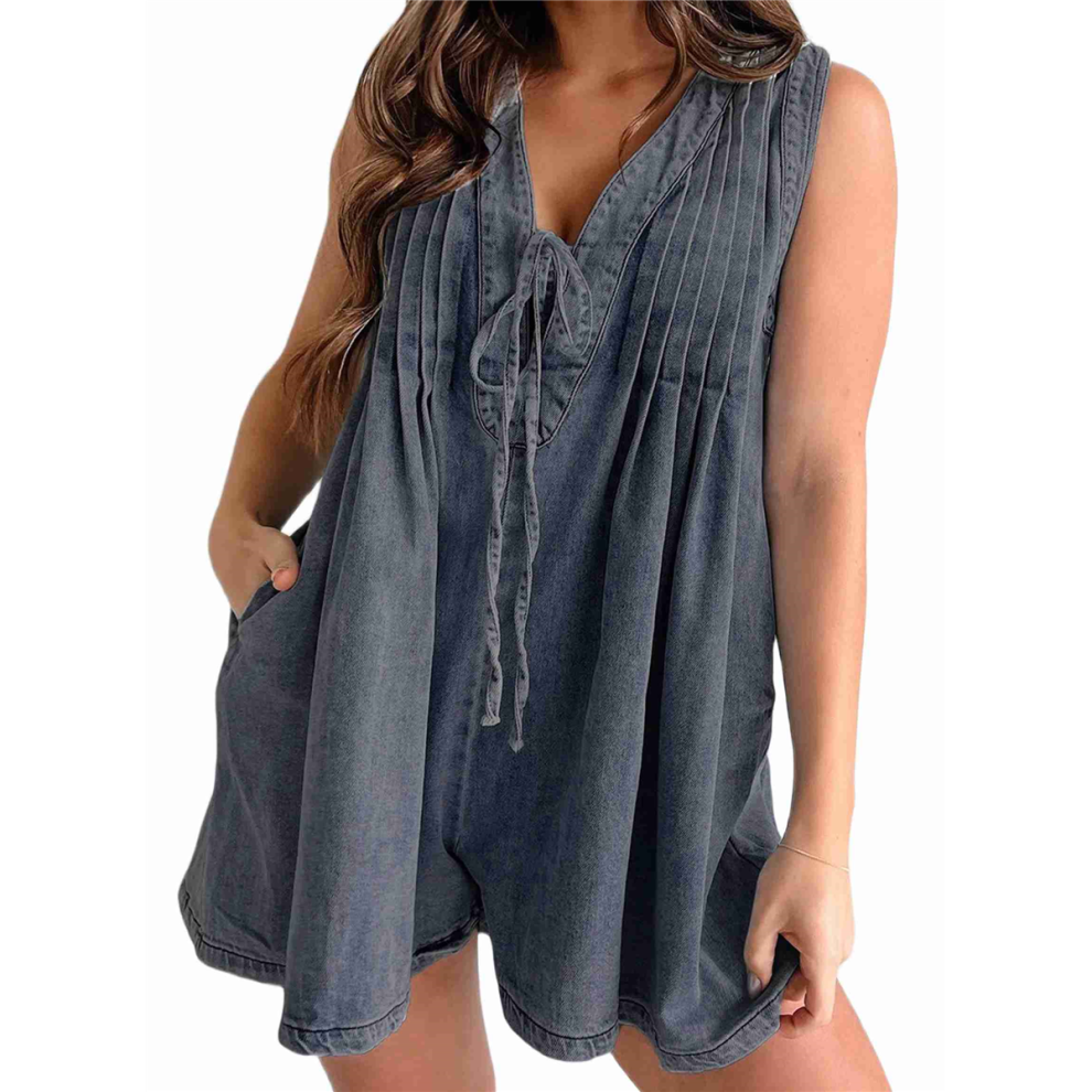 Short en jean sans manches à col en V pour femme, combinaison courte à volants et à nouer sur le devant avec poche, gris foncé, taille M