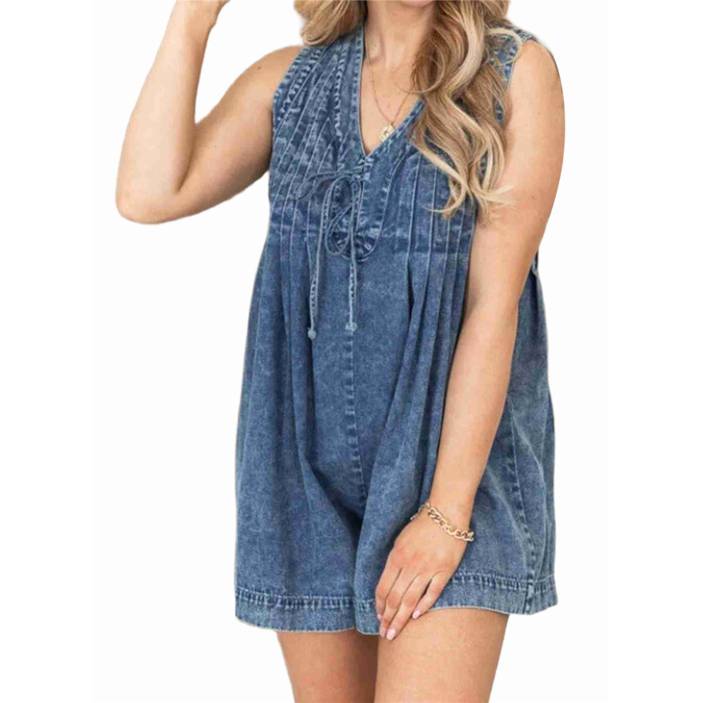 Short en jean sans manches à col en V pour femme, combinaison courte à volants et à nouer sur le devant avec poche, bleu foncé, taille XL