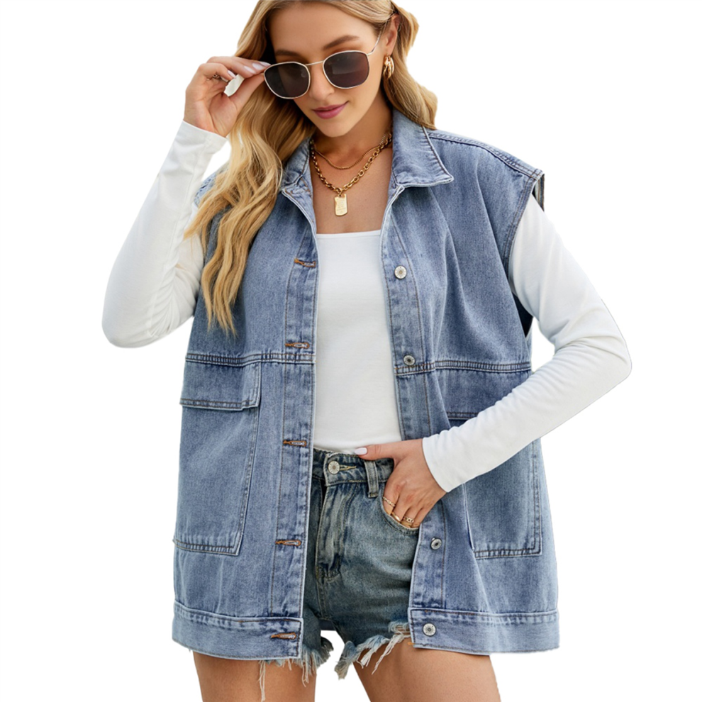 Gilet en jean vintage pour femme, surdimensionné, boutonné, bleu, taille XL