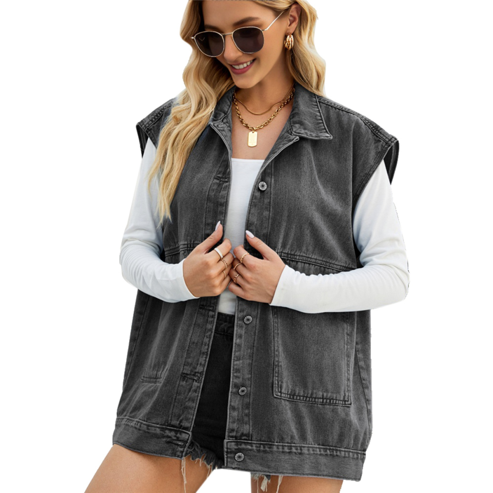 Gilet en jean vintage pour femme, surdimensionné, boutonné, noir et gris, taille M