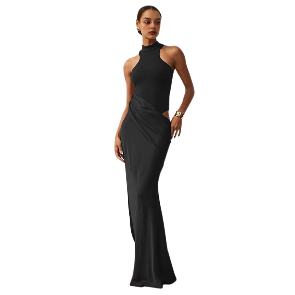 Robe longue d'été moulante sans manches pour femme, élégante, col licou, noire, taille S