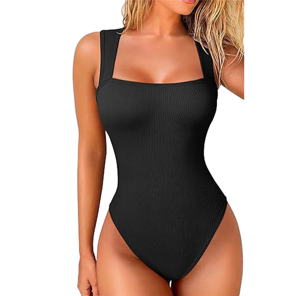 Body côtelé à bretelles et col carré pour femme, sans manches, effet gainant, débardeur, noir, taille S