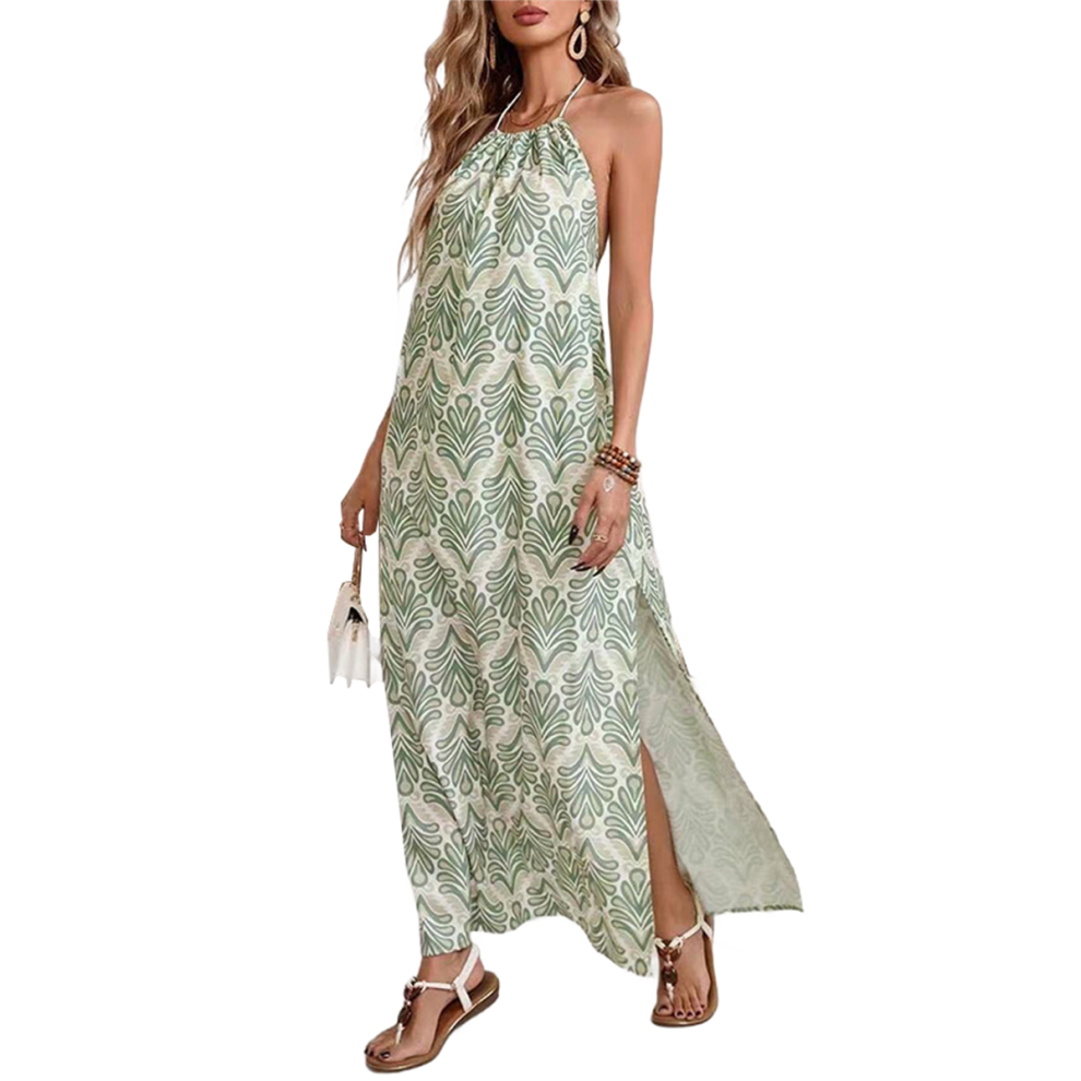 Robe longue d'été décontractée à col licou et fente latérale pour femme, tenue de plage, de vacances, de villégiature, vert clair, taille S