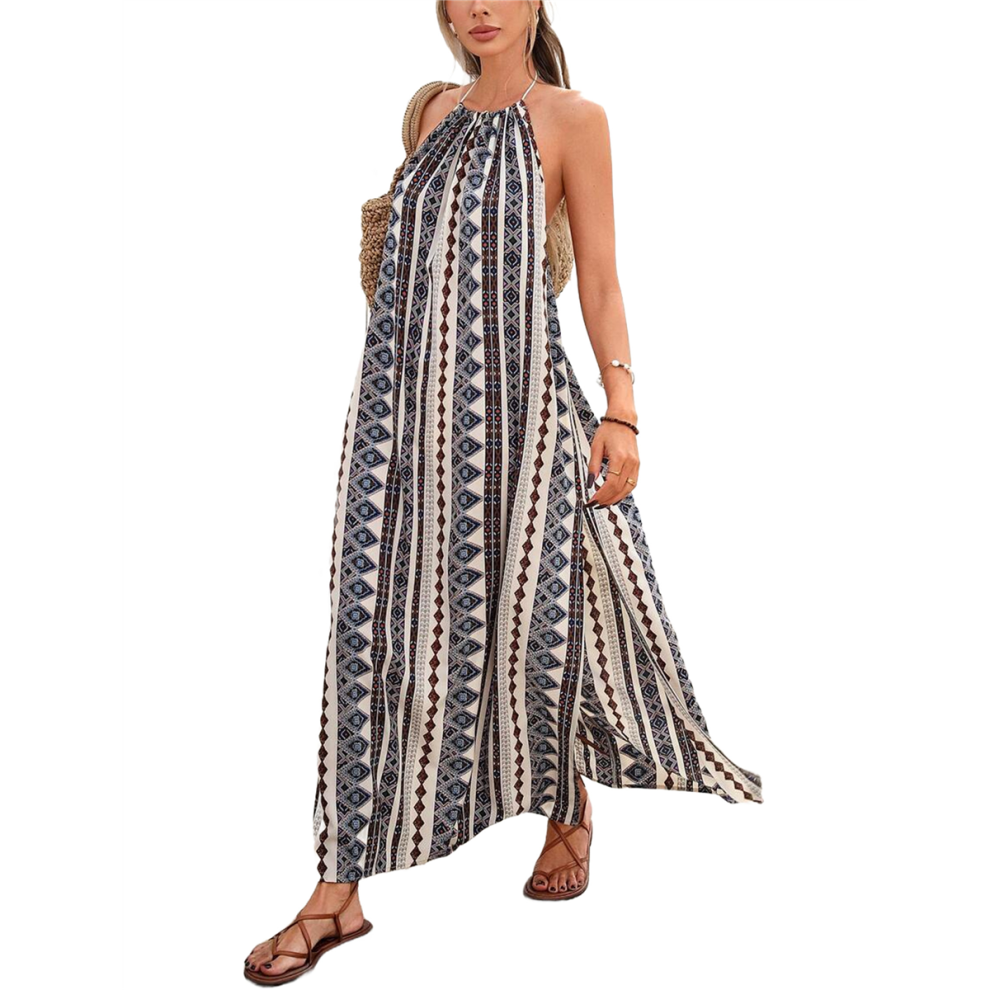Robe longue d'été décontractée à col licou et fente latérale pour femme, tenue de plage, de vacances, de villégiature, noire, taille XL