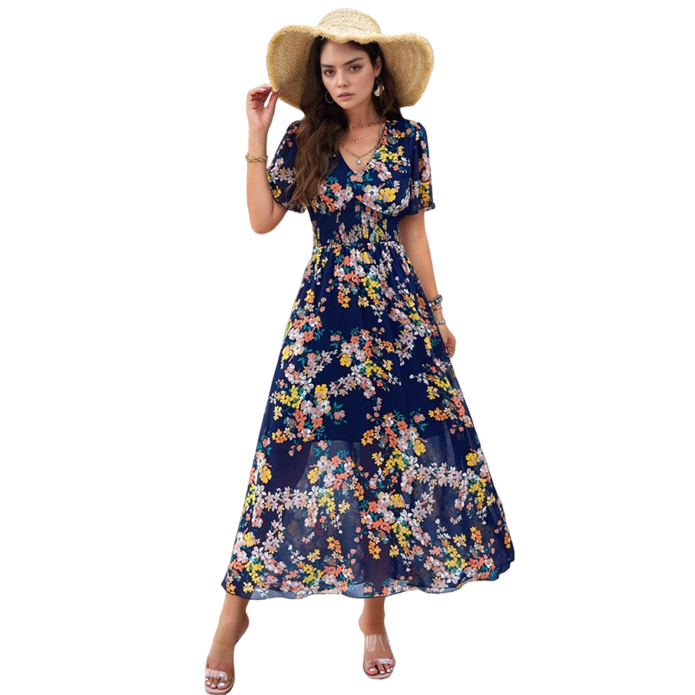 Robe portefeuille d'été longue à fleurs pour femme, col en V, manches courtes, style décontracté, bleu marine, taille S