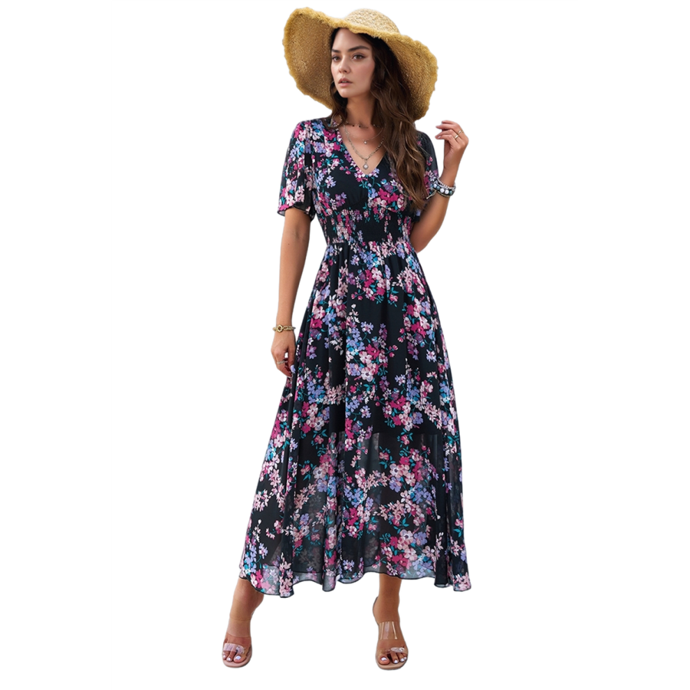 Robe portefeuille d'été longue à fleurs pour femme, col en V, manches courtes, décontractée, pour invité de mariage ou de fête