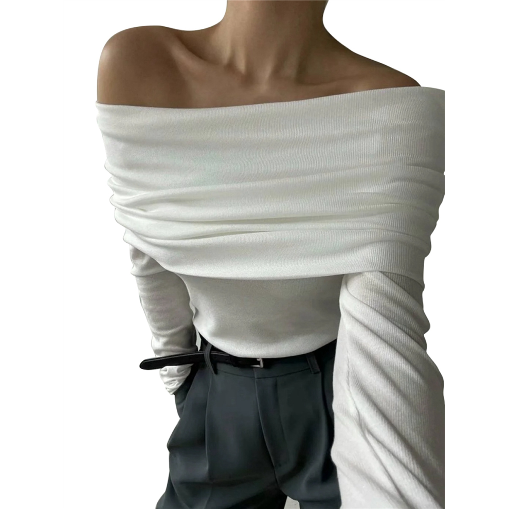 Body à manches longues et épaules dénudées pour femme, haut sexy et amincissant, en maille transparente et froncée, blanc, taille L