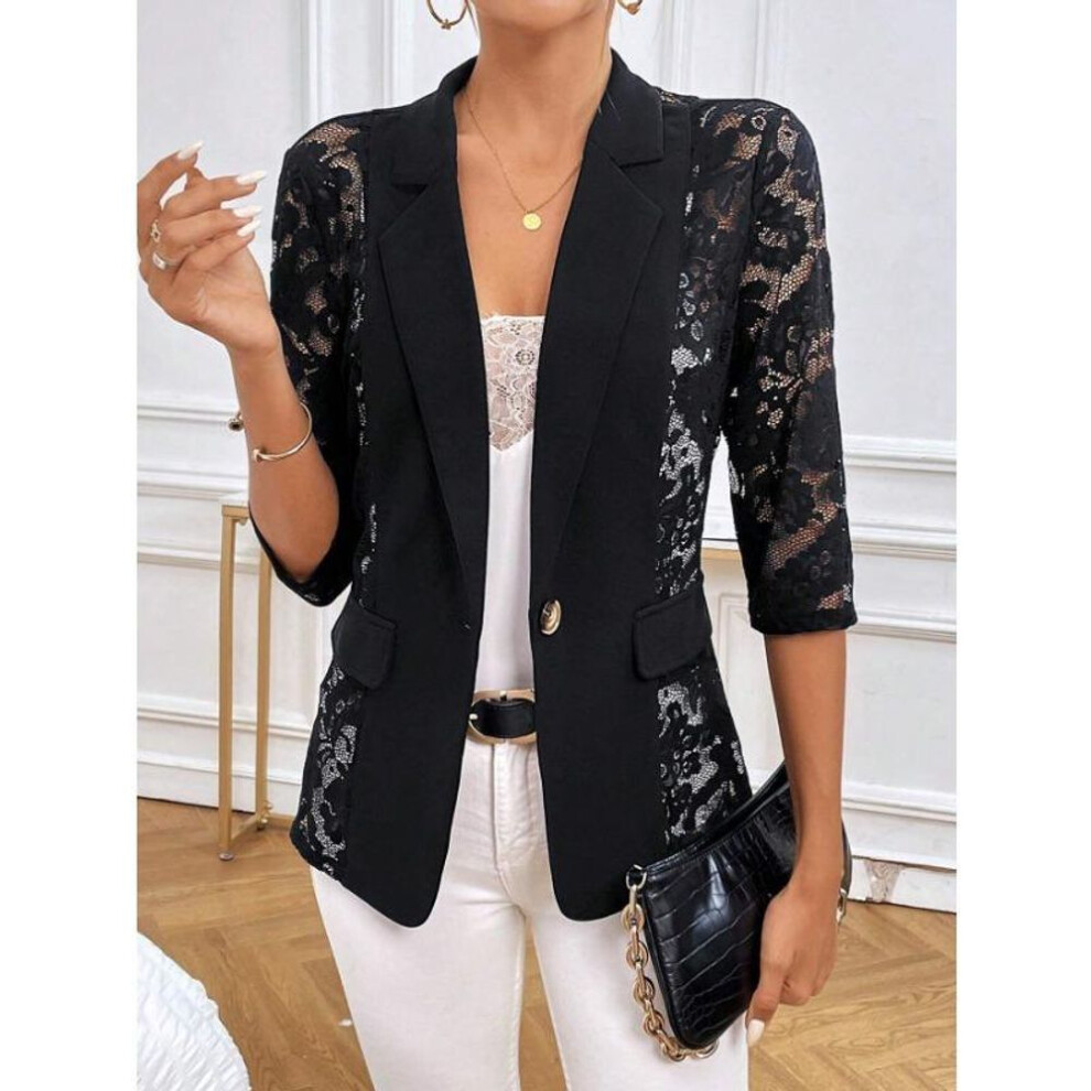 (black, M) YYFS Women's Fashion Casual Solid Color Print Summer Spring 1/2 Sleeves POLO Neck Jackets & Coats