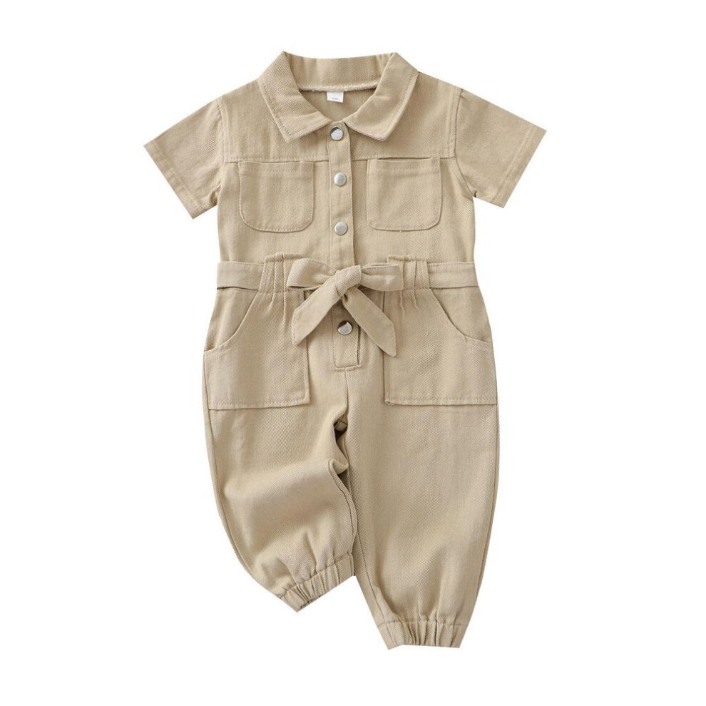 (apricot, 120cm) 2021 Summer New Korean Style Girls' Lapel Jumpsuit for Kids - Small and Medium Sizes Available