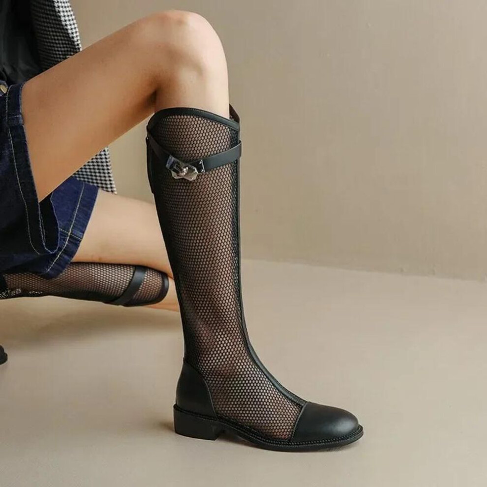 (black, 36) Female Summer Knee-high Mesh High Boots Women V-mouth Breathable Mesh Knight Boots Thick Heel Hollow Long Cool Boots Botas Mujer