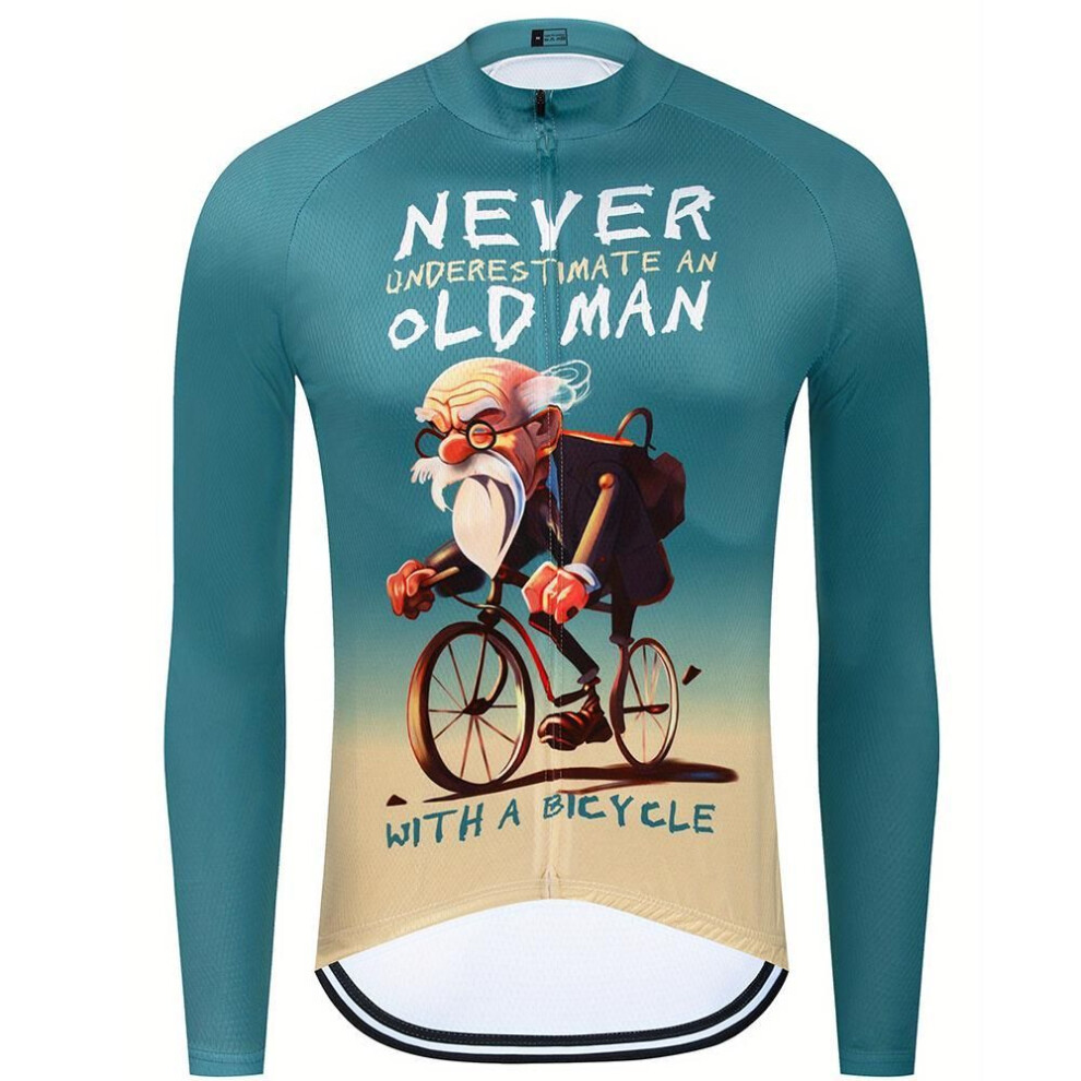 (dark midnight blue, 2XL) Men's Old Man Cartoon Print Long Sleeve Cycling Jersey With Anti-Slip Zipper, Moisture-Wicking And Quick-Drying Top For Road And Mountain Biking