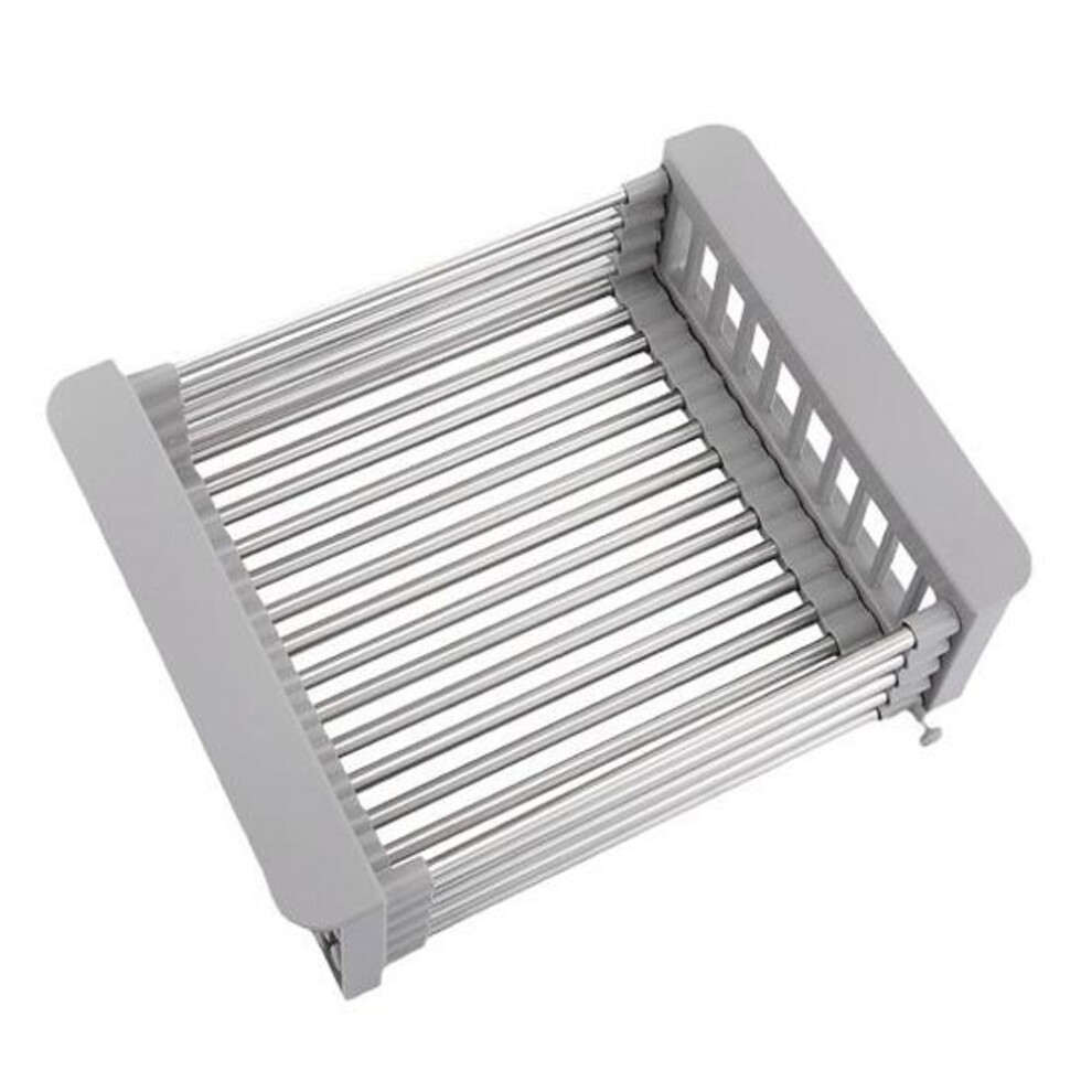 (grey, L) Stainless Steel Drain Rack Retractable Design Large Capacity Rust-proof Corrosion Resistant Kitchen Sink Hollow Drain Rack Organizer