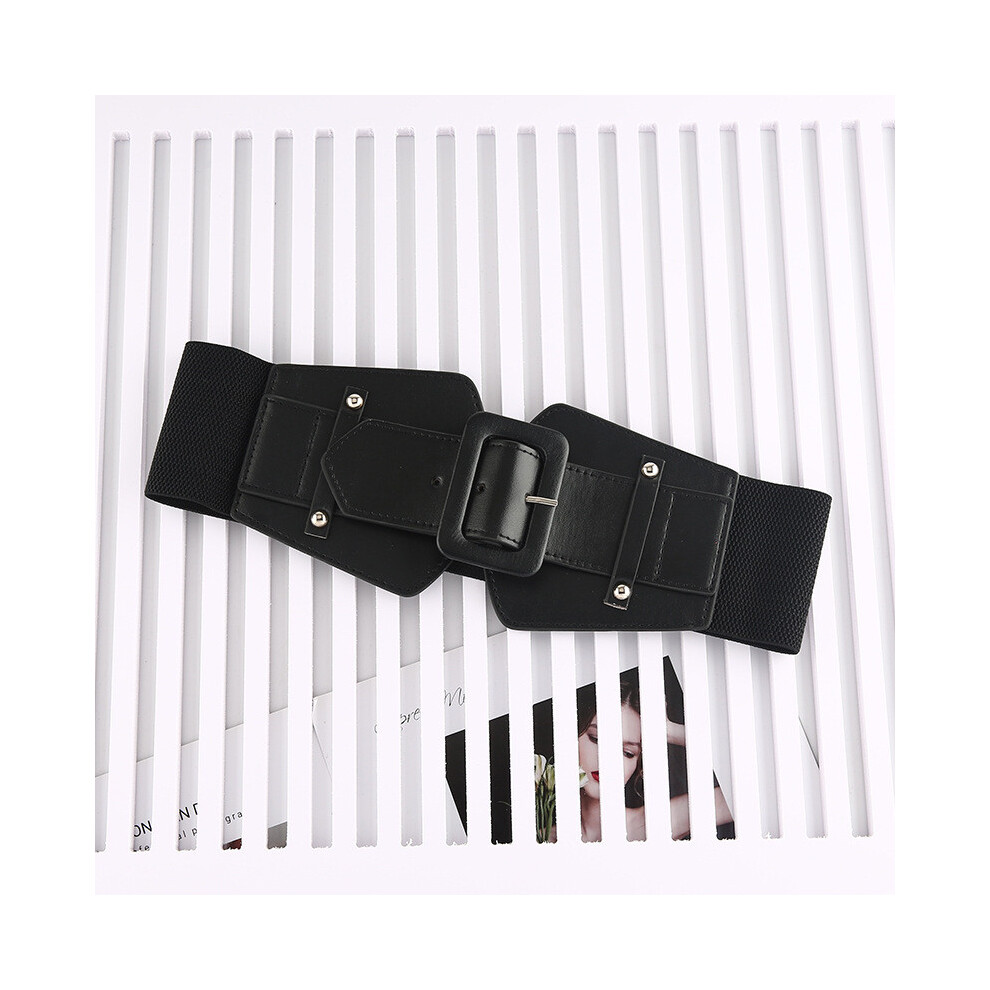 (Black)Boucle Carrée Couleur Unie Ceinture Élastique pour Femme Robe Décoration Cadeau