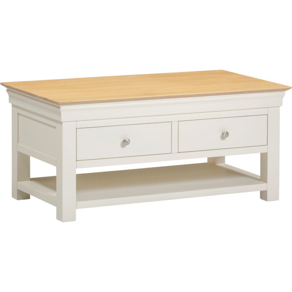 Bordeaux Oak and Ivory Coffee Table with Drawers Fully Assembled