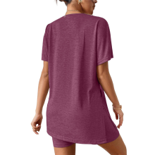 Conjunto de 2 peças de manga curta para mulheres, camisetas grandes e shorts de ciclista, vinho tinto S