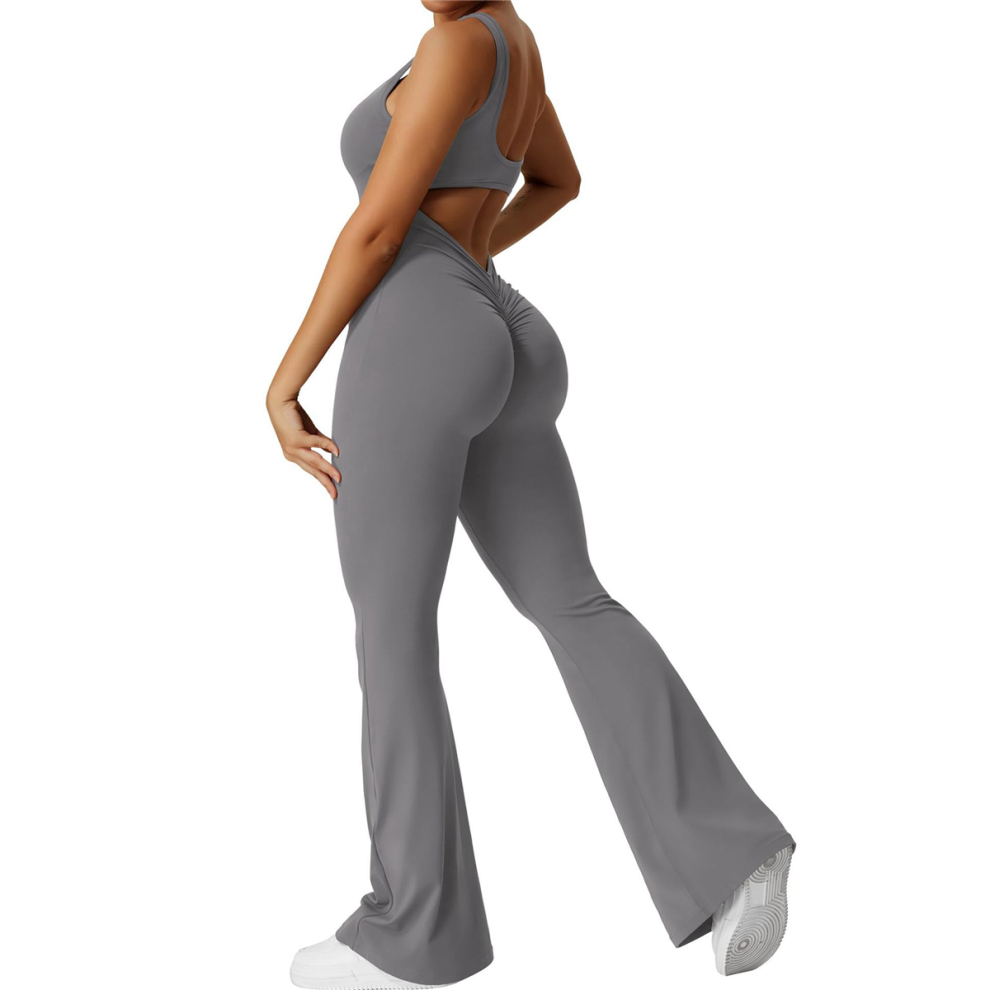 Combinaison évasée d'entraînement pour femmes, dos nu, rehaussement des fesses, gym, yoga, gris, taille L
