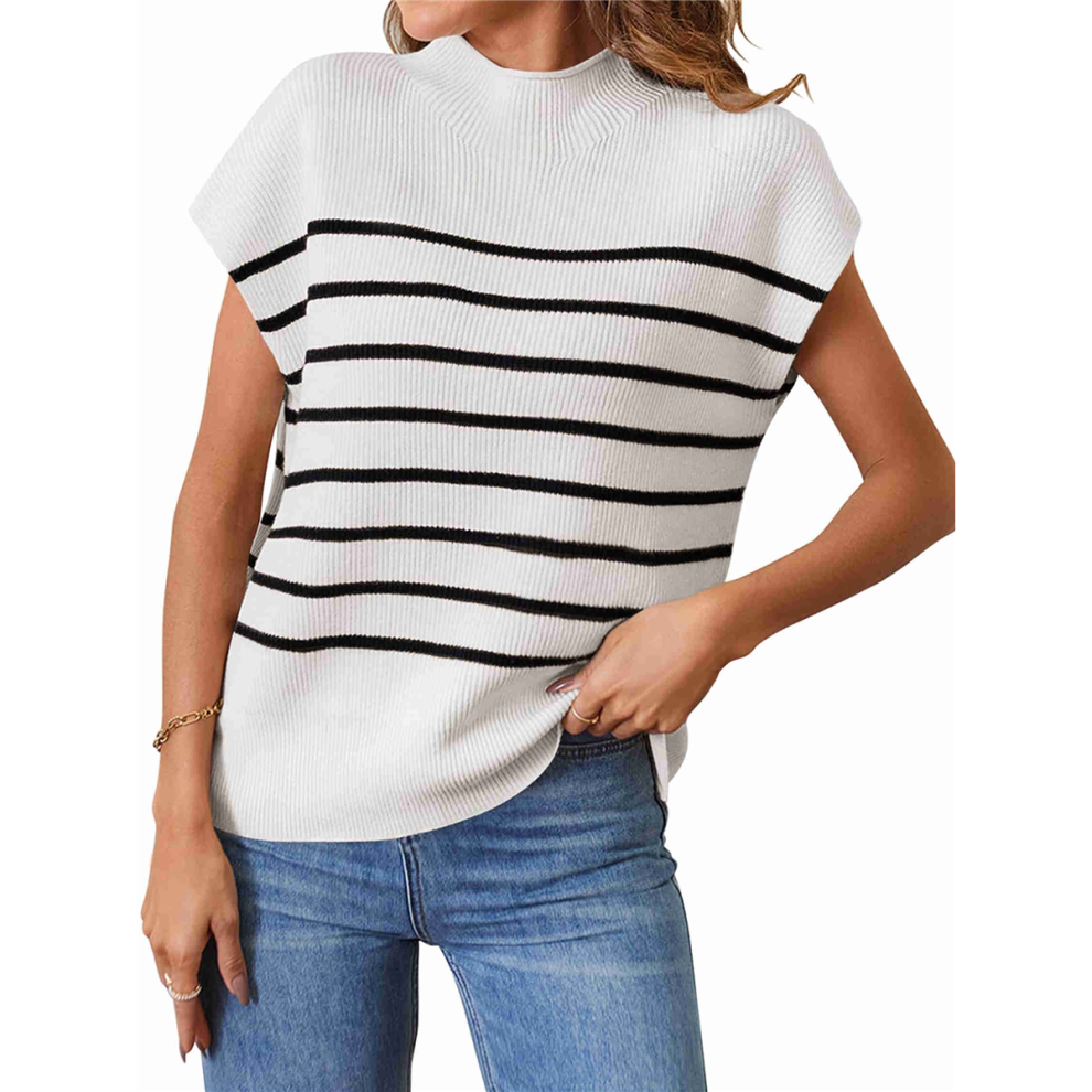 Pull sans manches à col montant et rayures pour femme, débardeur en tricot côtelé, blanc, taille S, 2025