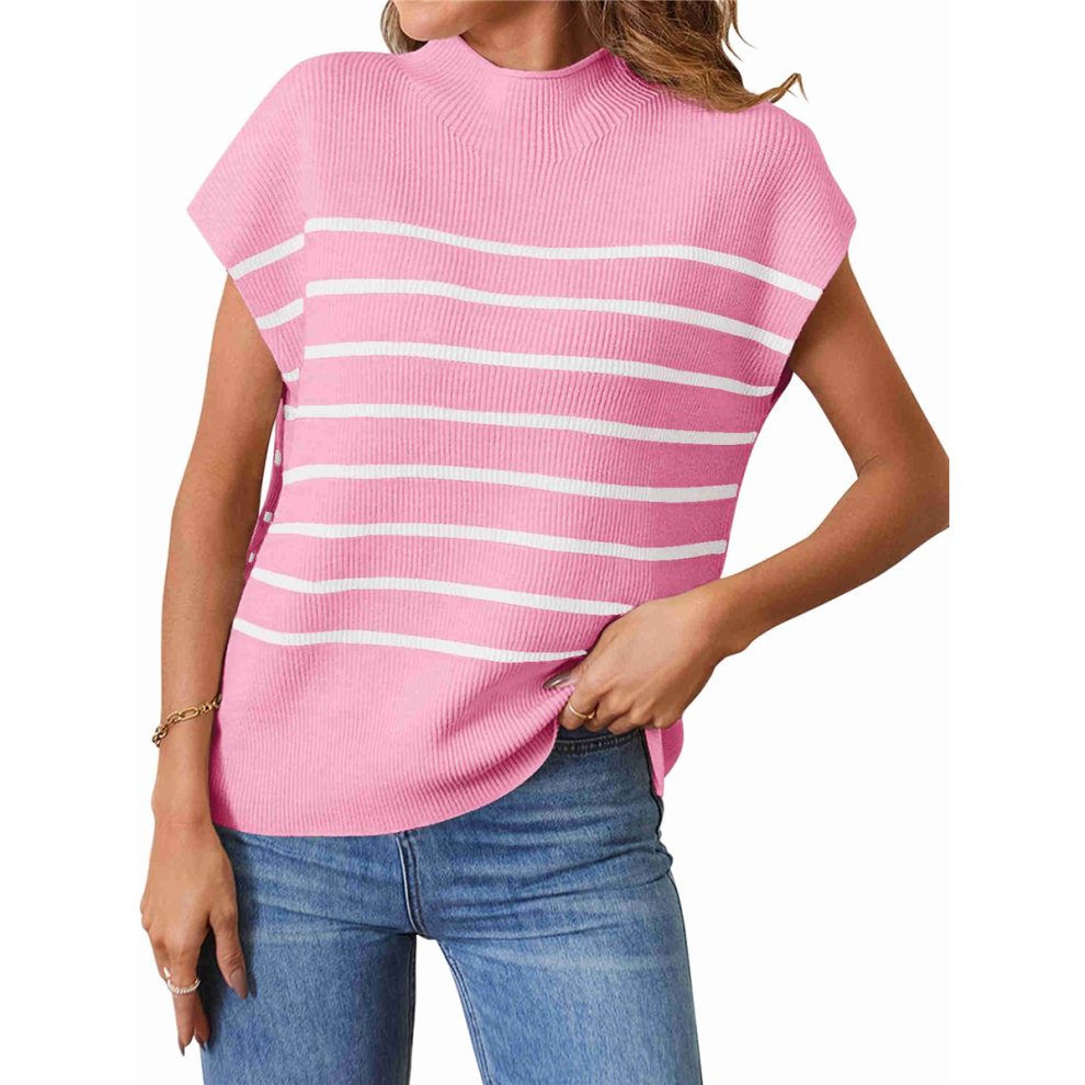 Pull sans manches à col montant et rayures pour femme, débardeur en tricot côtelé, manches courtes, rose, taille M, 2025