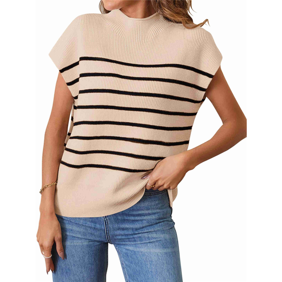 Pull sans manches à col montant et rayures pour femme, débardeur en maille côtelée, kaki, taille XXL, 2025