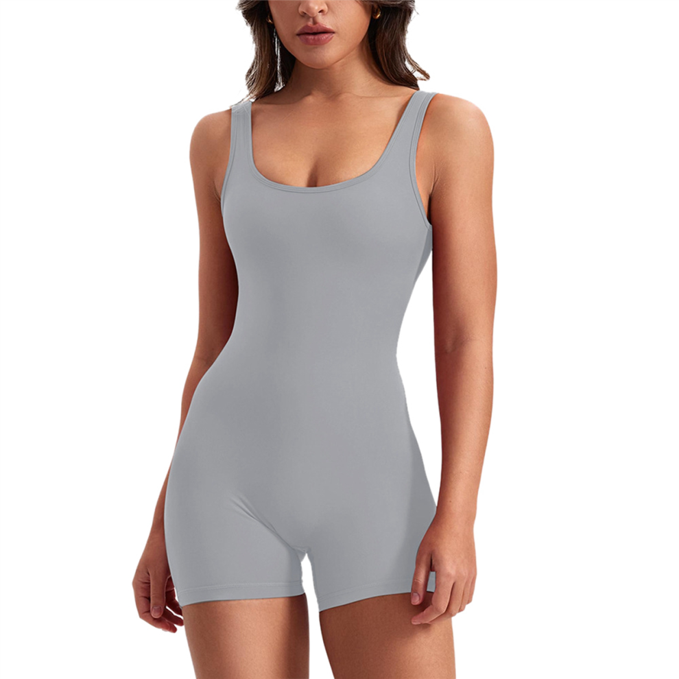 Combinaison d'entraînement une pièce pour femme, dos nu, gainante, sans manches, dos en V, gris, taille XL