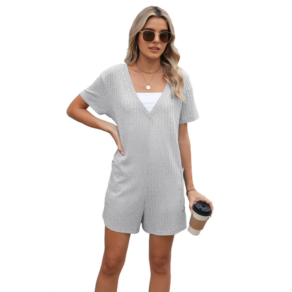 Womens Summer Short Sleeve Romper Loose Casual V Neck Shorts Overalls Ladies Dressy Comfy Jumpsuits with Pockets Light Gray S-image-OPC-PHD6DHQ-NEW