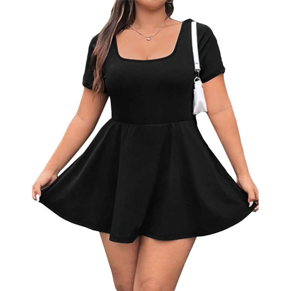 Mini-robe pour femme, col carré, manches courtes, ourlet à volants, avec short intégré