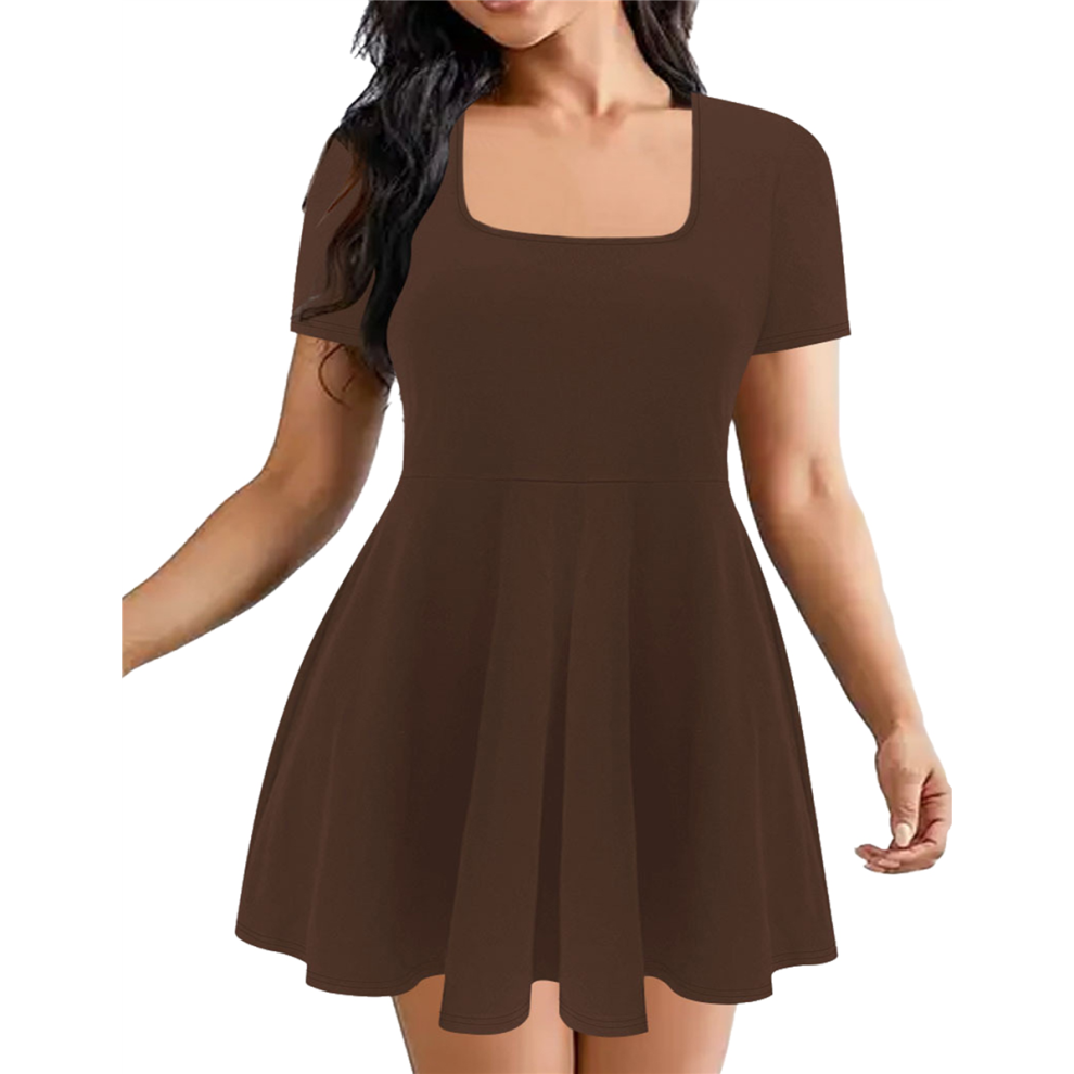 Mini-robe pour femme, col carré, manches courtes, ourlet à volants, avec short intégré, marron, taille L