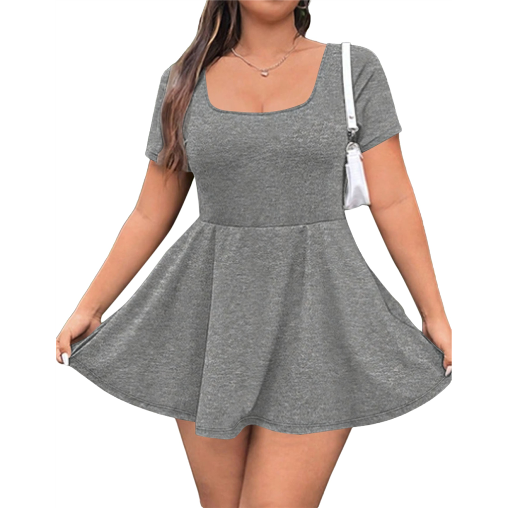 Mini-robe pour femme, col carré, manches courtes, ourlet à volants, avec short intégré, gris, taille L