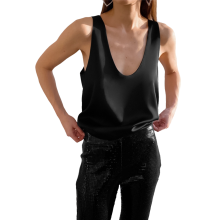 Dames zomer U-hals satijnen mouwloze casual tanktops zwart L