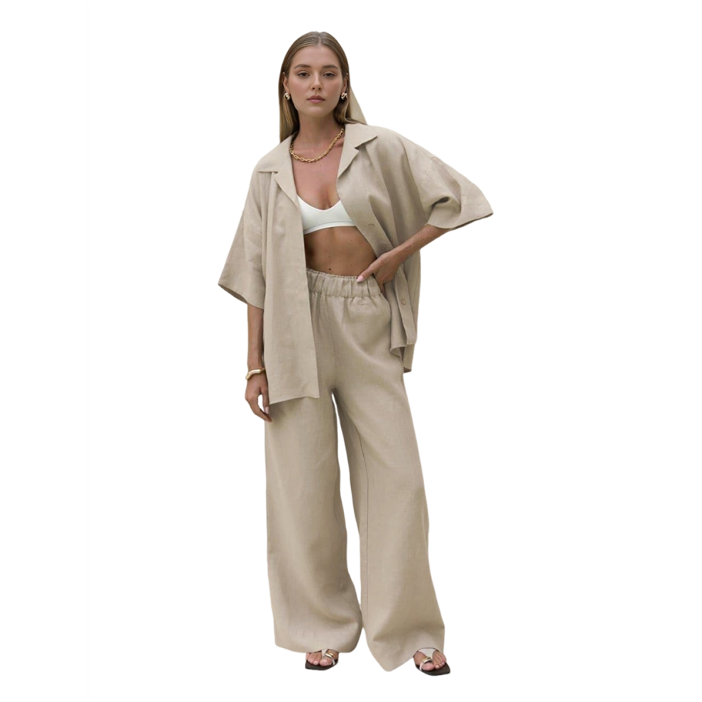 Ensemble 2 pièces pour femme, couleur unie, manches longues, pantalon en lin, chemise, jambe large, décontracté, coupe droite, taille L